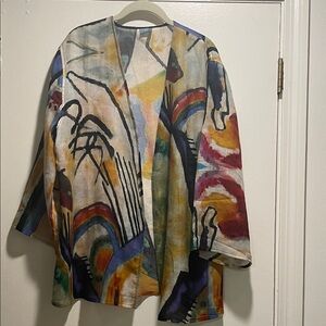Tao HOUSE Vibrant Hand Painted Abstract Wide Sleeve Fine Wool Luxe Open Jacket